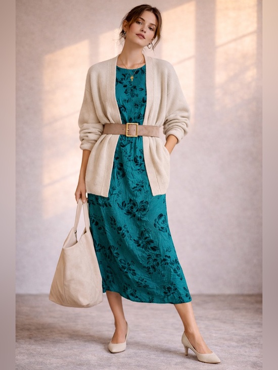 Vintage Dresses & Skirts - Vintage New York Silk Floral Midi Dress | Teal Jacquard | Size 10